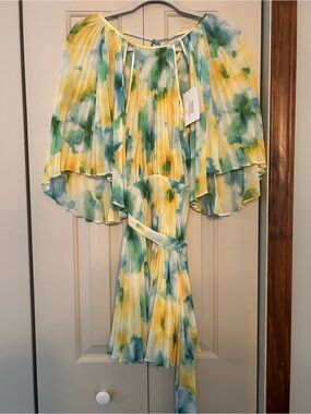Misa Los Angeles Pleated Watercolor Midi Dress in Yellow, Green & Blue